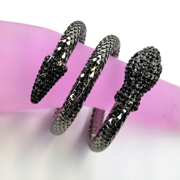Jewelry - Vintage Mesh Black Rhinestone 3 Coil Serpent SIlver Snake Bracelet
